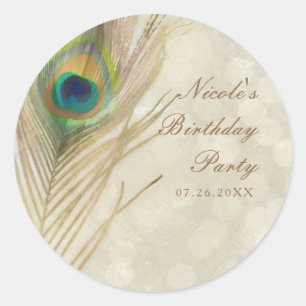 Sticker Rond Faveur de fête Glamour Plume de Paon Exotique Or