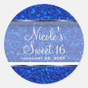 Sticker Rond Faveur de fête personnalisée Blue Glitter Glam Swe