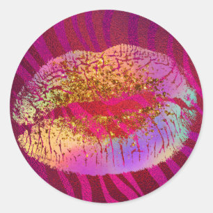 Sticker Rond Faveur de lèvres pailletées or arc-en-ciel impress