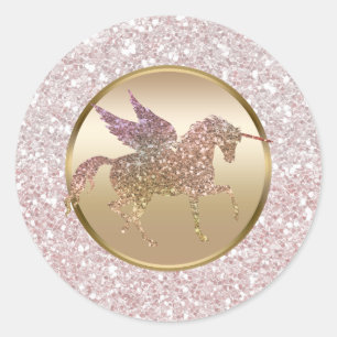 Sticker Rond Faveur de licorne volante pailletée or rose et ros
