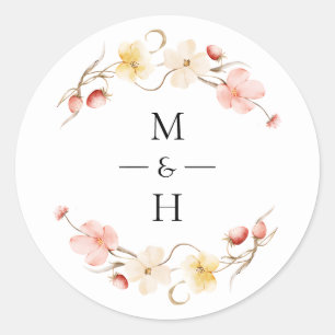 Sticker Rond Faveur de mariage à monogramme floral Wildflower B