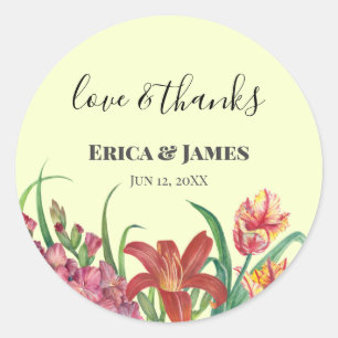 Sticker Rond Faveur de mariage aquarelle gladioles tulipes lys
