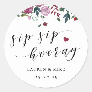 Sticker Rond Faveur de mariage Burgundy Red Blooms Sip Sip Hoor