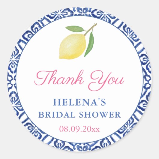Sticker Rond Faveur de mariage Chic Lemons Italian Blue Tiles (Devant)