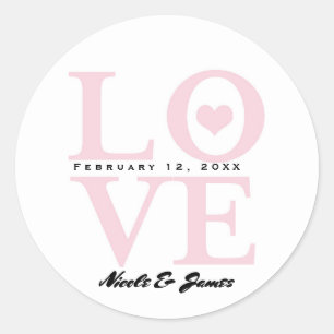 Sticker Rond Faveur de mariage chic moderne rose et blanc LOVE