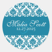 Sticker Rond Faveur de mariage élégante en damas sarcelle blanc (Devant)