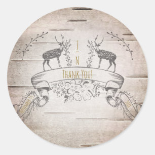 Sticker Rond Faveur de mariage en bouleau avec cerf rustique et