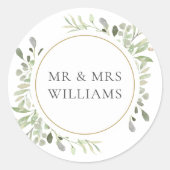 Sticker Rond Faveur de mariage FEUILLES DE VÉGÉTAUX MR & MRS (Devant)
