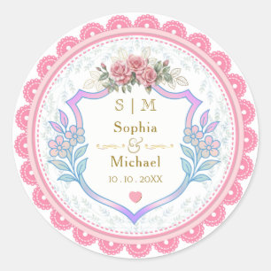 Sticker Rond Faveur de mariage Fleur de rose florale rose vinta