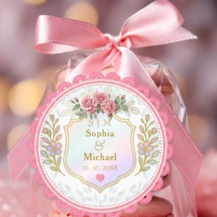 Sticker Rond Faveur de mariage Fleur de rose rose vintage moder