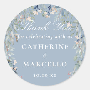 Sticker Rond Faveur de mariage Fleurie Bleu Poussiéreux Remerci