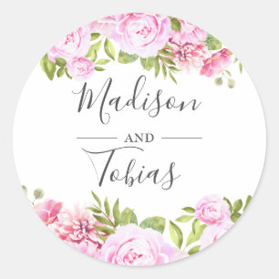 Sticker Rond Faveur de mariage floral de verdure de pivoine ros