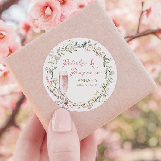 Sticker Rond Faveur de mariage Pétales et Prosecco