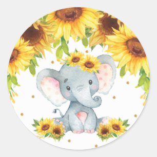Sticker Rond Faveur de naissance Baby Shower Tournesol Éléphant