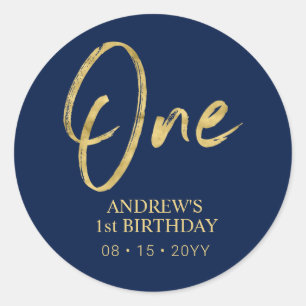 Sticker Rond Faveur de premier anniversaire avec lettrage or et