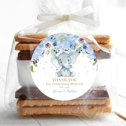 Sticker Rond Faveur de remerciement de Baby Shower Éléphant Flo