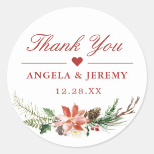 Sticker Rond Faveur de remerciement floral de Noël Poinsettia