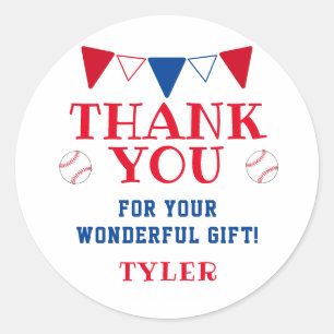 Sticker Rond Faveur de remerciement moderne de baseball bleu et