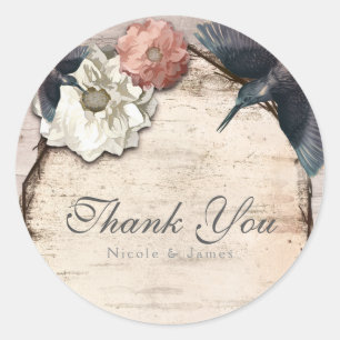 Sticker Rond Faveur florale et colibri en bouleau blanc rustiqu