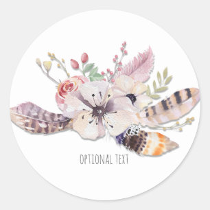 Sticker Rond Faveur personnalisée Bohème Chic Fleurs et Plumes
