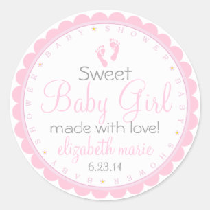Sticker Rond Faveur rose de baby shower d'empreintes de pas