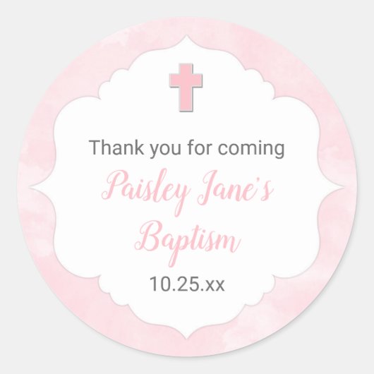 Sticker Rond Faveur rose de baptême de baptême de fille (Devant)