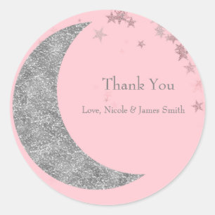 Sticker Rond Faveur Rose Fête Bébé Lune & Étoiles d'Argent