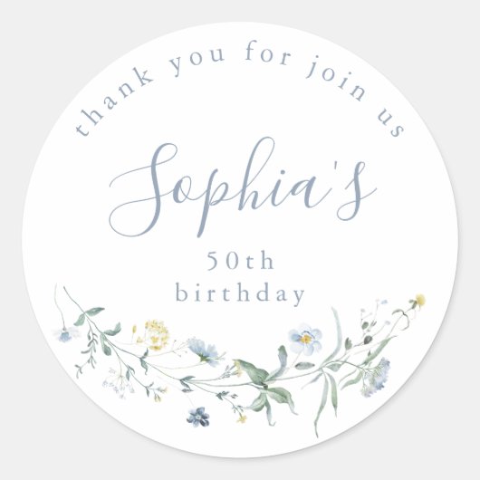 Sticker Rond Faveurs de anniversaire Bohème rustique bleu pouss (Devant)