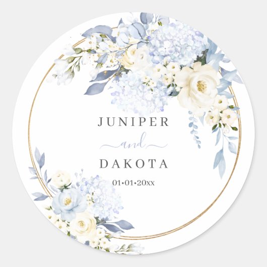 Sticker Rond Faveurs de mariage Roses crème Hydrangea Bleu H2 (Devant)