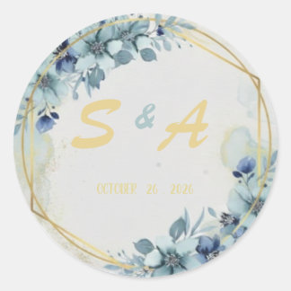 Sticker Rond Favor de mariage élégant floral bleu or