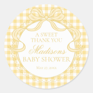 Sticker Rond Favori de Baby Shower Ruban à Carreaux Jaune Coque