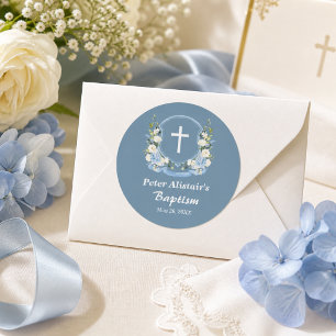 Sticker Rond Favori de baptême à croix florale bleue poussiéreu