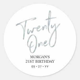 Sticker Rond Favori de fête d'anniversaire 21 ans Argent & Blan