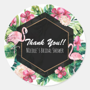 Sticker Rond Favori de fête de Flamants Roses Hibiscus Feuilles
