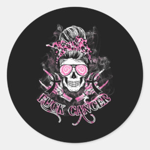 Sticker Rond Fck Cancer Crâne Messine Bun Pink Breast Cancer Aw