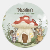 Sticker Rond Fée 1er anniversaire Champignons Forêt Animaux (Devant)