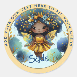 Sticker Rond Fée africaine Anniversaire Turquoise or rose princ