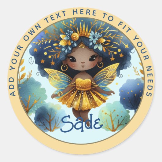 Sticker Rond Fée africaine Anniversaire Turquoise or rose princ (Devant)