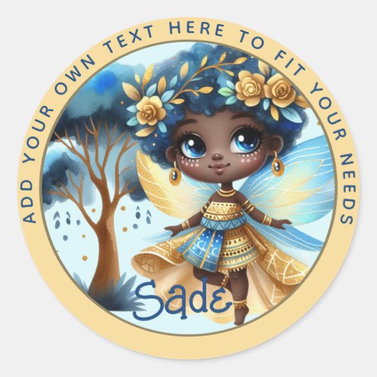 Sticker Rond Fée africaine Anniversaire Turquoise or rose princ (Devant)
