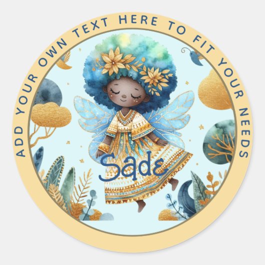 Sticker Rond Fée africaine Anniversaire Turquoise or rose princ (Devant)