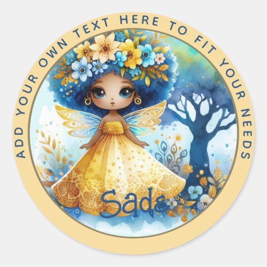 Sticker Rond Fée africaine Anniversaire Turquoise or rose princ (Devant)