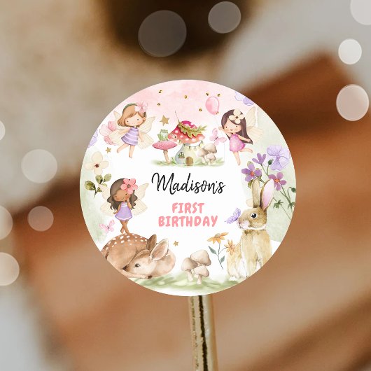Sticker Rond Fée Anniversaire 1er Enchanted Forest Girl Floral