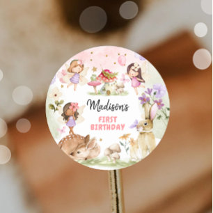Sticker Rond Fée Anniversaire 1er Forêt Enchantée Fille Florale