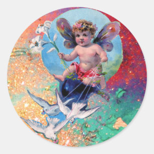 Sticker Rond FÉE BÉBÉ AVEC DES COLOMBES EN PAILLONS bleu rose v