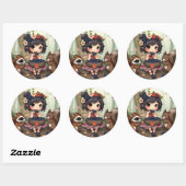 Sticker Rond Fée Chibi mangeant des mûres avec son ami de la fo (Feuille)