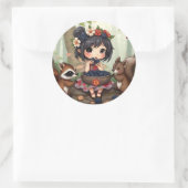 Sticker Rond Fée Chibi mangeant des mûres avec son ami de la fo (Sac)