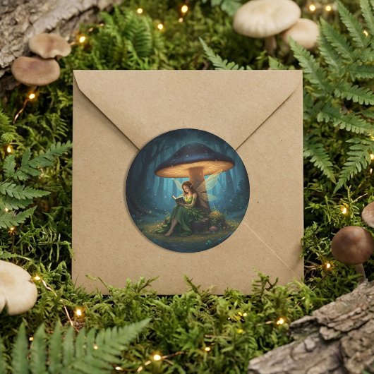 Sticker Rond Fée de Nuit Enchantée Lisant un Livre