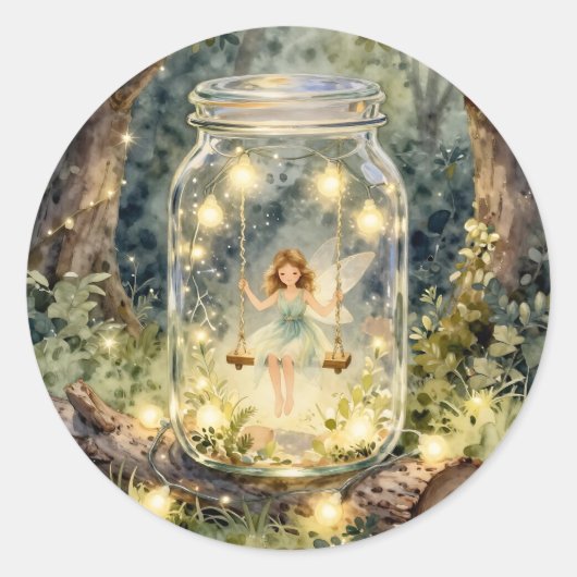 Sticker Rond Fée enchantée dans un pot Mason dans une forêt mag (Devant)