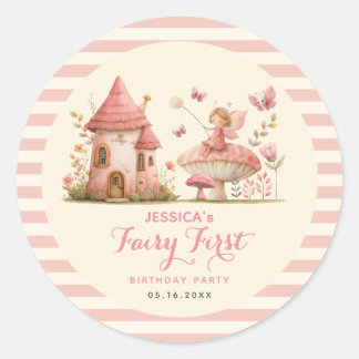 Sticker Rond Fée Enchantée Premier Anniversaire Rayures Roses