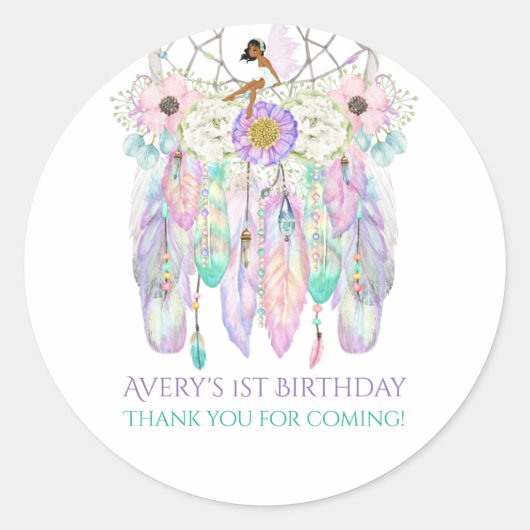 Sticker Rond Fée ethnique Boho Dream Catcher Pastels Plumes (Devant)